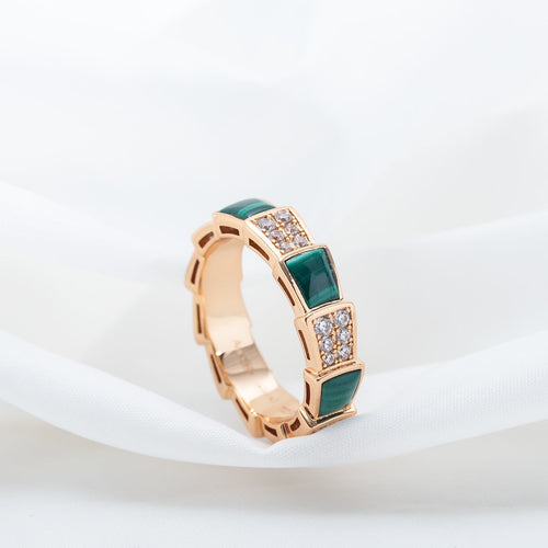 Bvlgari SERPENTI RING PINK GOLD MALACHITE DIAMOND PAVED 4MM
