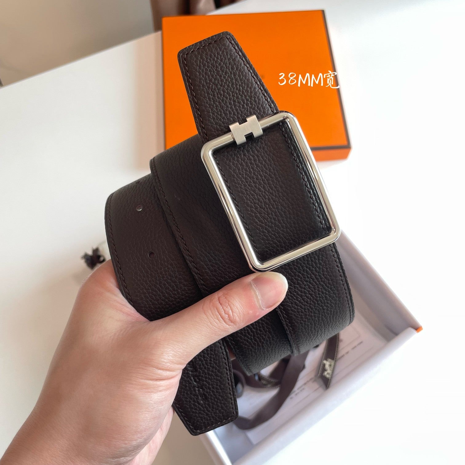 HERMES TUBE H BELT SILVER BUCKLE & REVERSIBLE DARK BROWN LEATHER STRAP 38MM