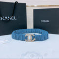CHANEL DOUBLE C ELASTIC BELT 30MM IN BLUE DENIM GOLD CRYSTAL STAR EMBELLISHED BUCKLE