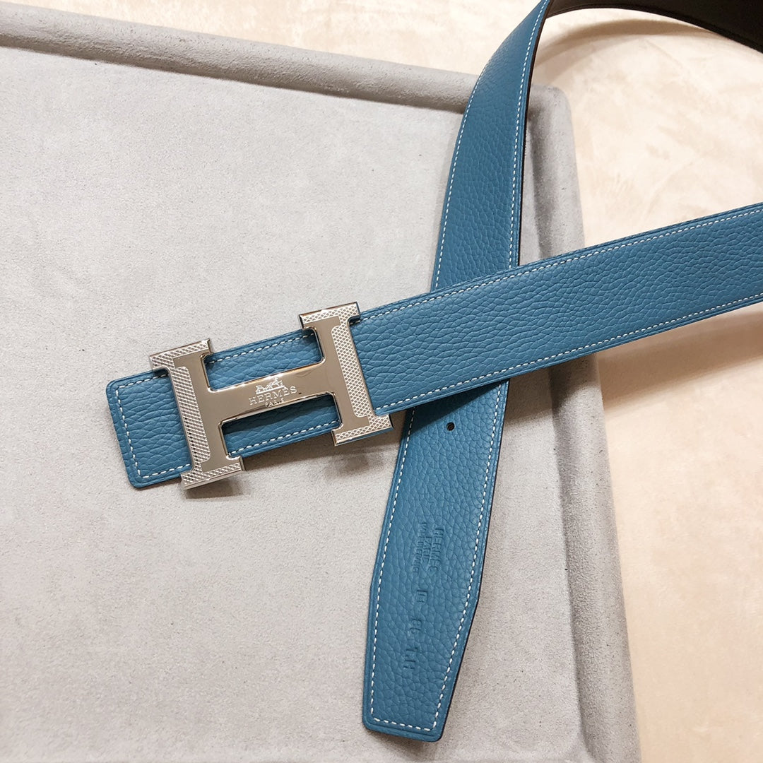 HERMES H D'ANCRE BELT BUCKLE & REVERSIBLE BLUE GREEN LEATHER STRAP 38 MM SILVER HARDWARE
