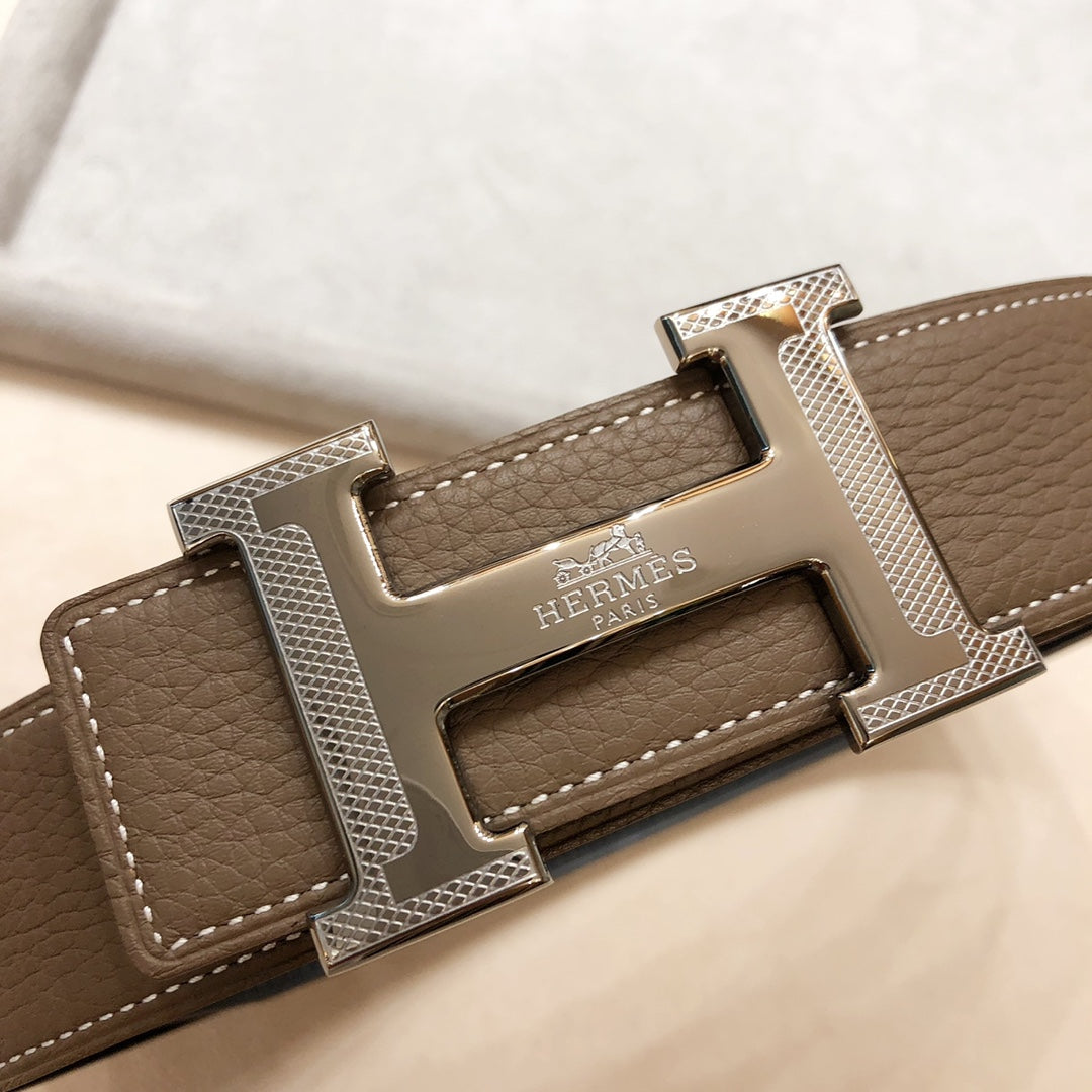 HERMES H D'ANCRE BELT BUCKLE & REVERSIBLE COFFEE BROWN LEATHER STRAP 38 MM SILVER HARDWARE