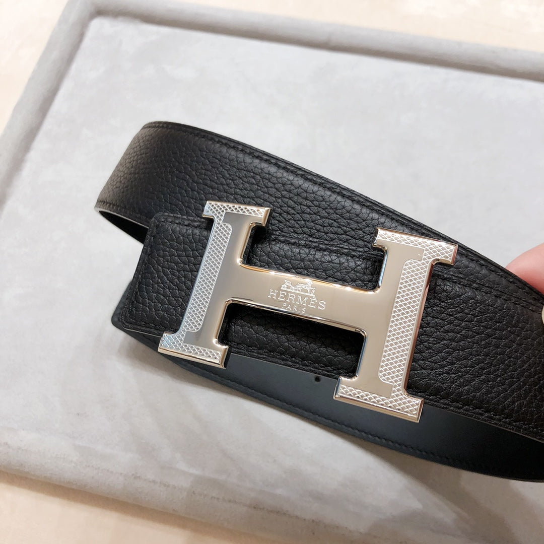 HERMES BELT BUCKLE & REVERSIBLE BLACK LEATHER STRAP 38 MM SILVER HARDWARE