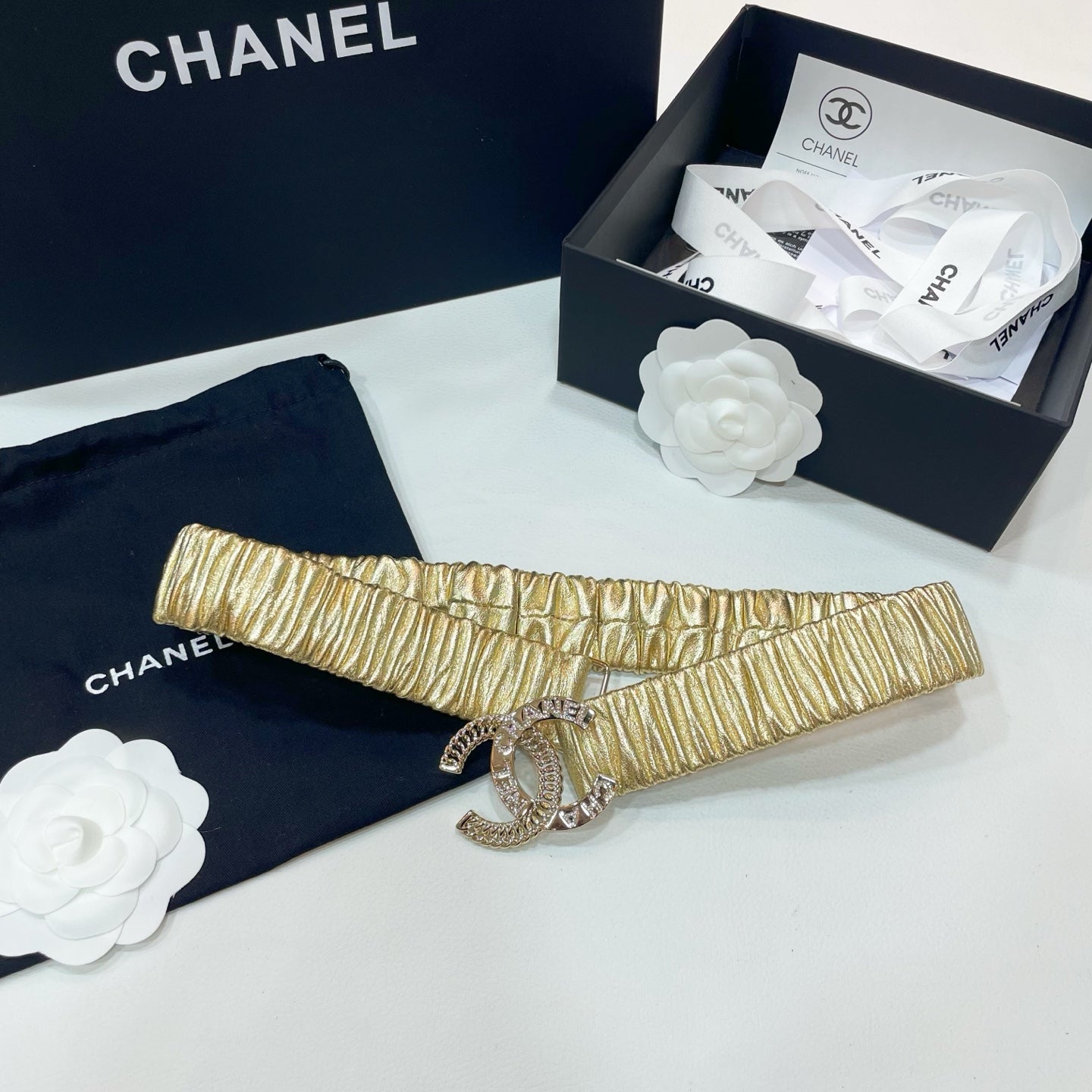 CHANEL DOUBLE C ELASTIC BELT 30MM IN YELLOW CALFSKIN GOLD CRYSTAL EMBELLISHED BUCKLE