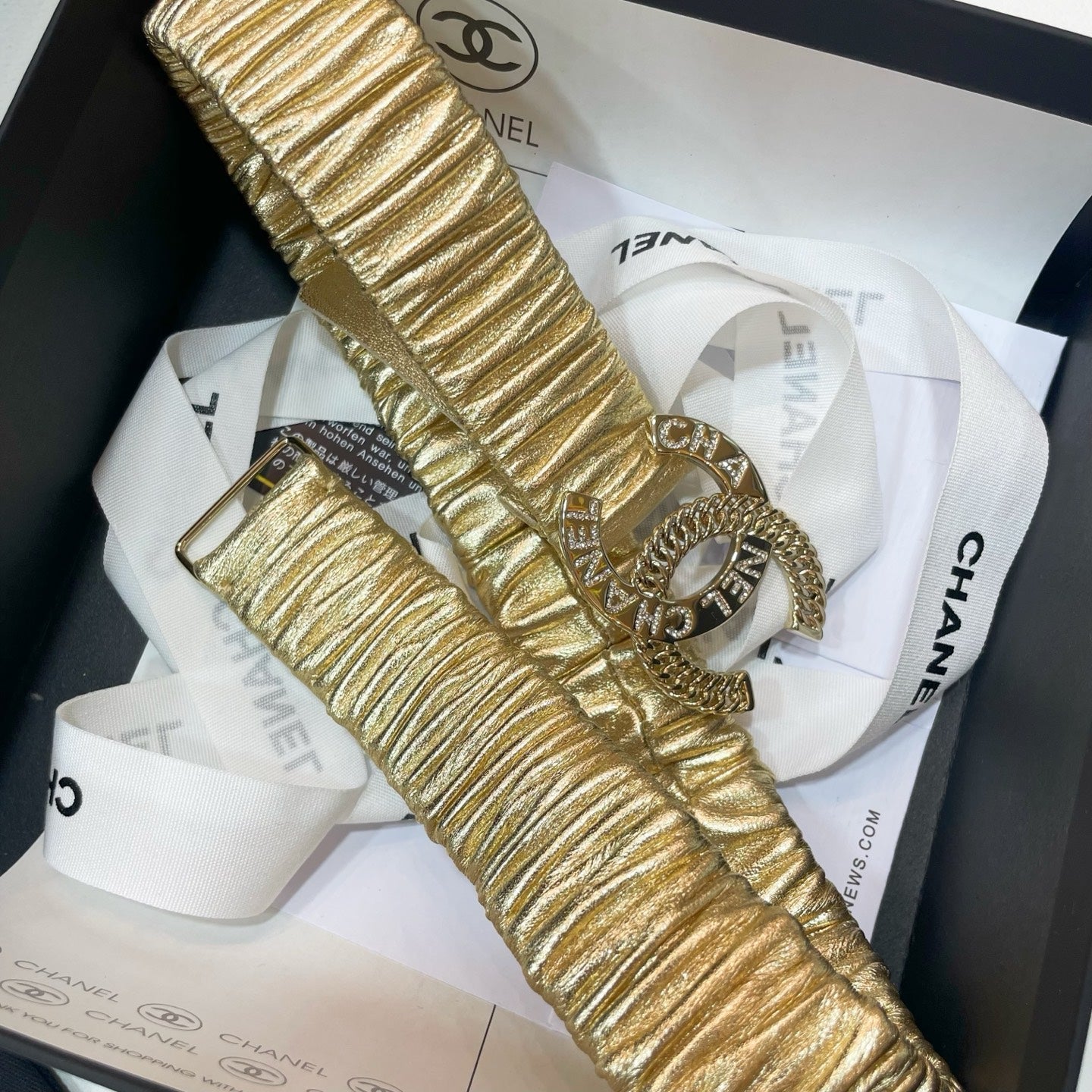 CHANEL DOUBLE C ELASTIC BELT 30MM IN YELLOW CALFSKIN GOLD CRYSTAL EMBELLISHED BUCKLE