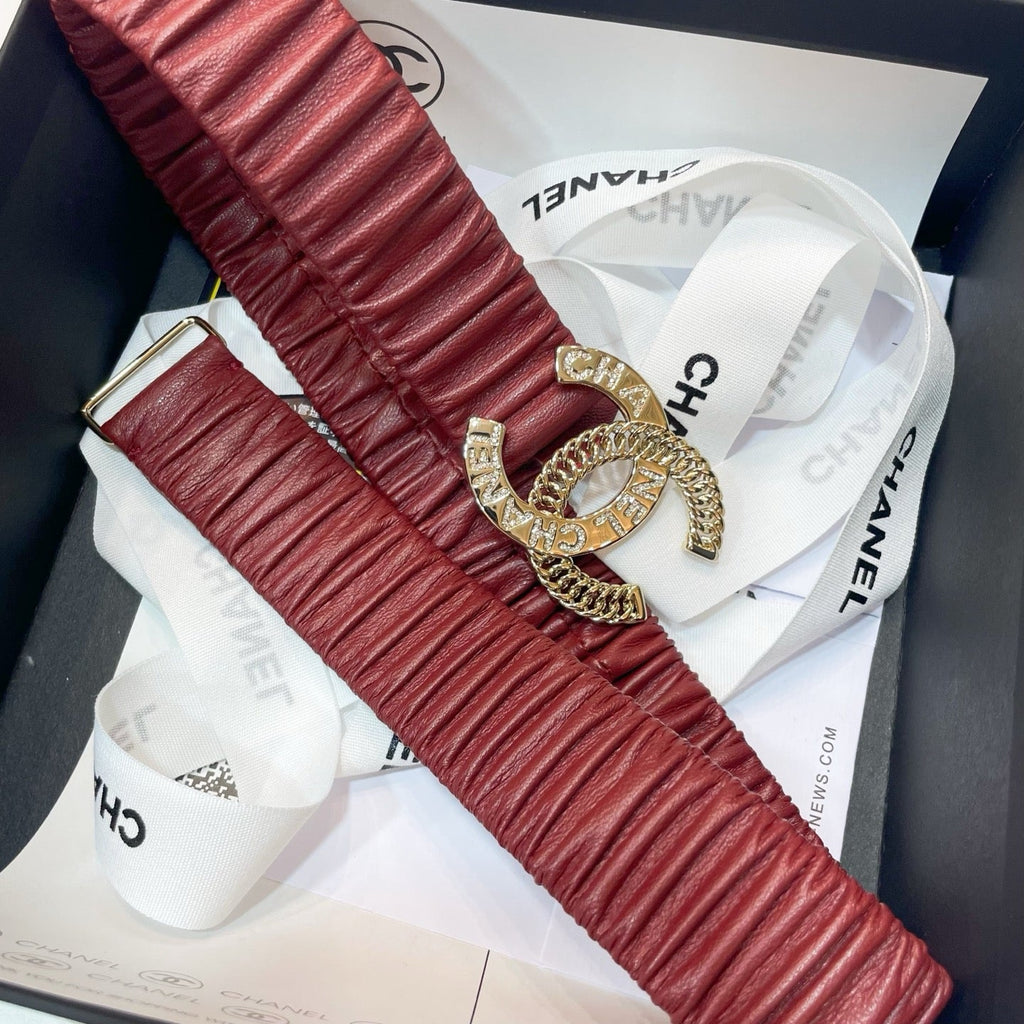 CHANEL DOUBLE 30MM STRETCH BELT IN RED CALFSKIN GOLD CHAIN BUCKLE CRYSTAL LOGO