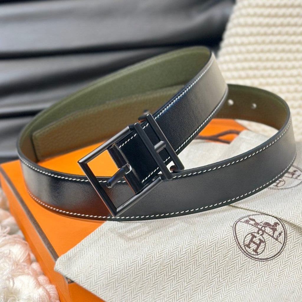 HERMES NATHAN REVERSIBLE BELT 32MM OLIVE GREEN AND BLACK LEATHER BLACK HARDWARE