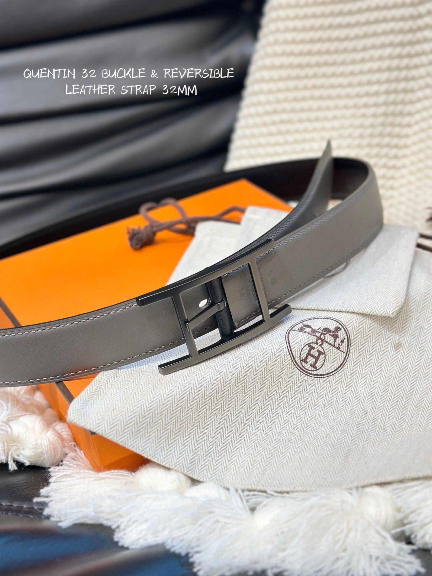 HERMES QUENTIN 32MM REVERSIBLE BELT BLACK AND KHAKI BROWN LEATHER BLACK HARDWARE