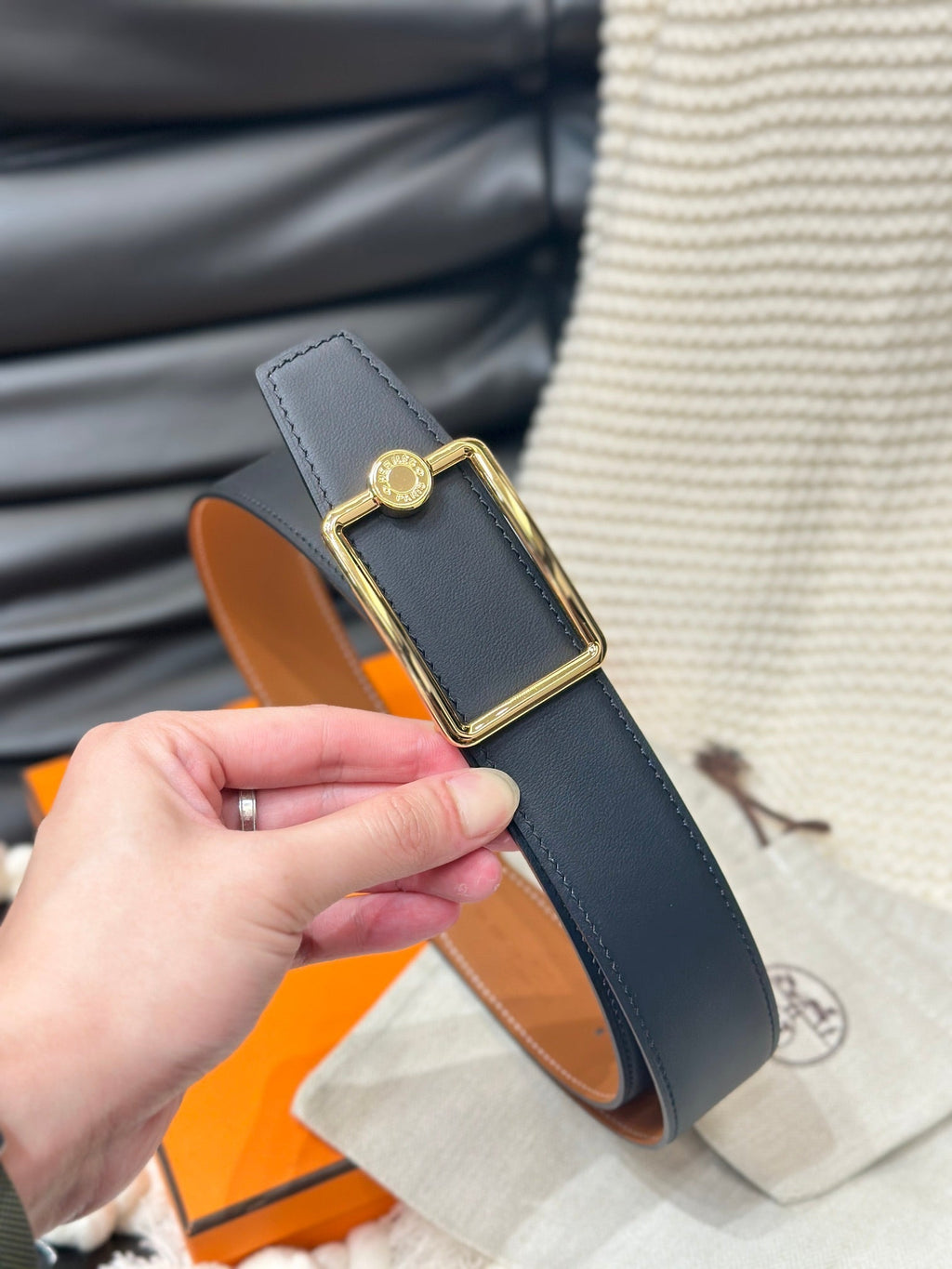 HERMES OSCAR BELT GOLD BUCKLE & REVERSIBLE GINGER ORANGE LEATHER STRAP 38MM