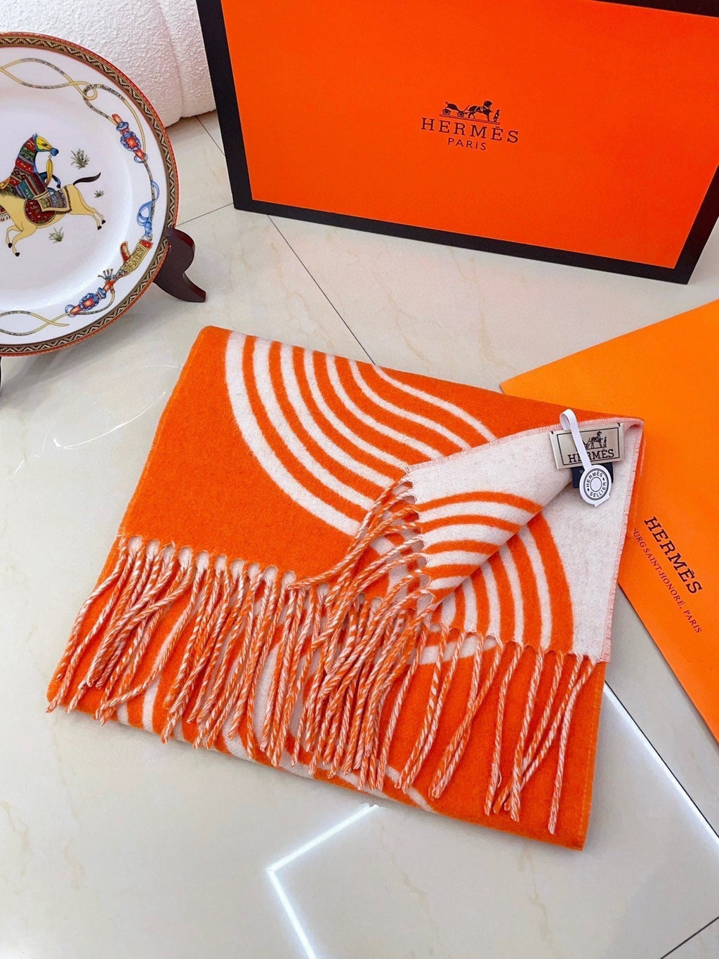 HERMES SCARF 180 CM IN FIRE ORANGE MIX WHITE CASERE