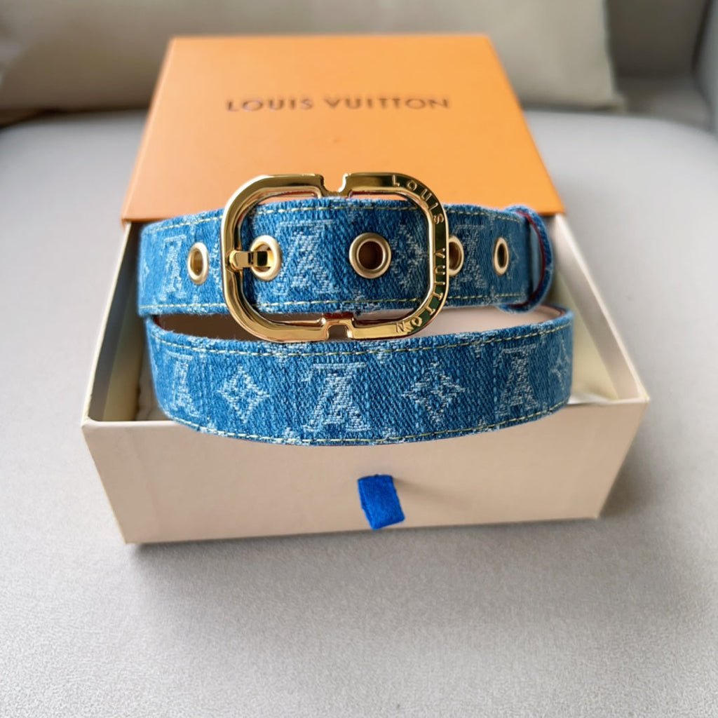 LOUIS VUITTON LV 30MM BELT LIGHT BLUE MONOGRAM DENIM GOLD HARDWARE