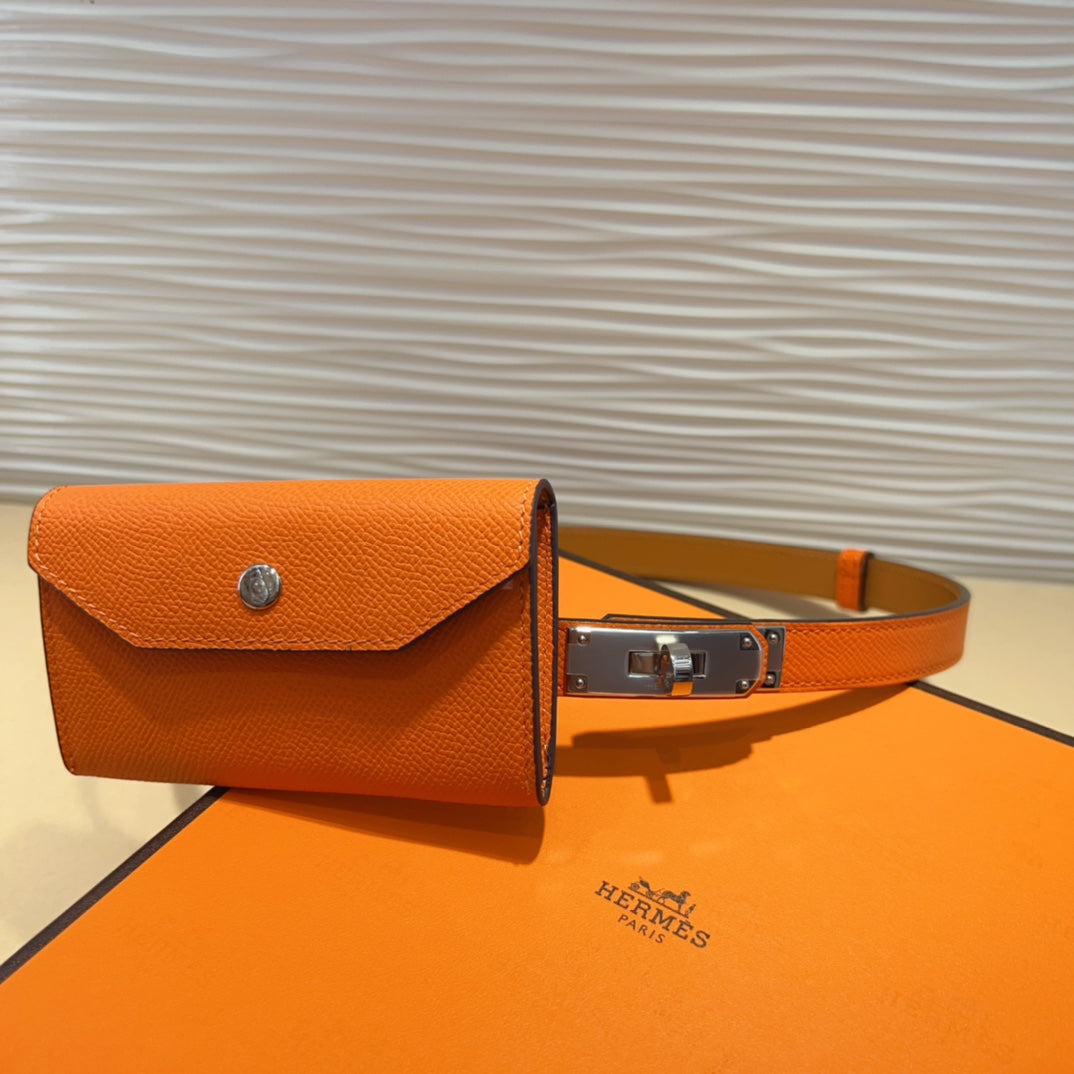 HERMES KELLY POCKET 18MM BELT ORANGE LEATHER SILVER HARDWARE