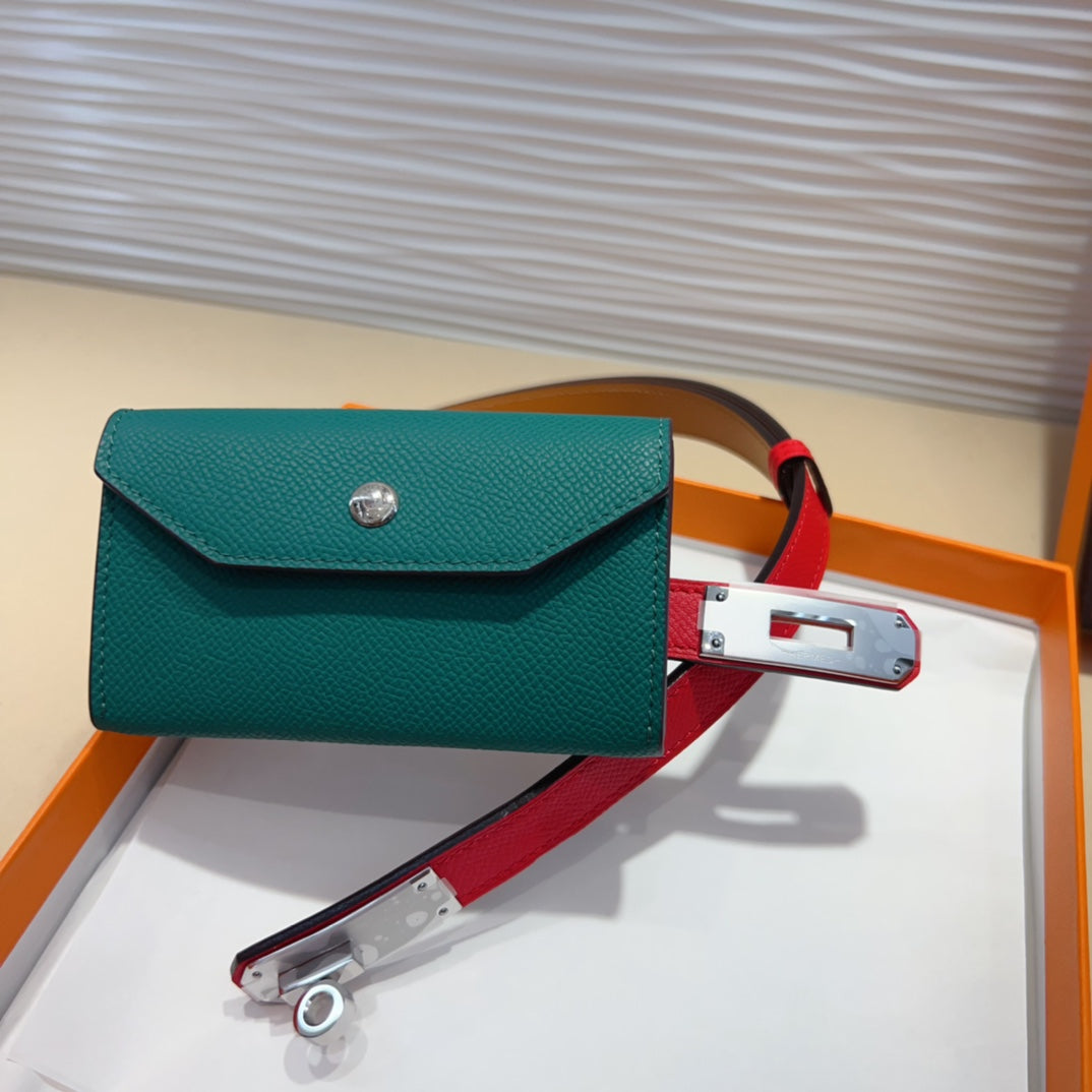 HERMES KELLY TEAL GREEN POCKET 18MM BELT CHERRY RED LEATHER SILVER HARDWARE
