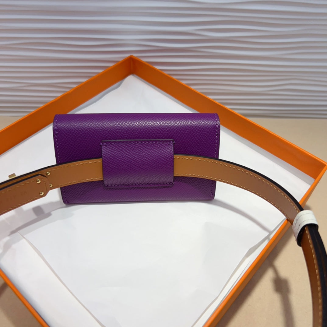 HERMES KELLY VIOLET PURPLE POCKET 18MM BELT WHITE LEATHER GOLD HARDWARE