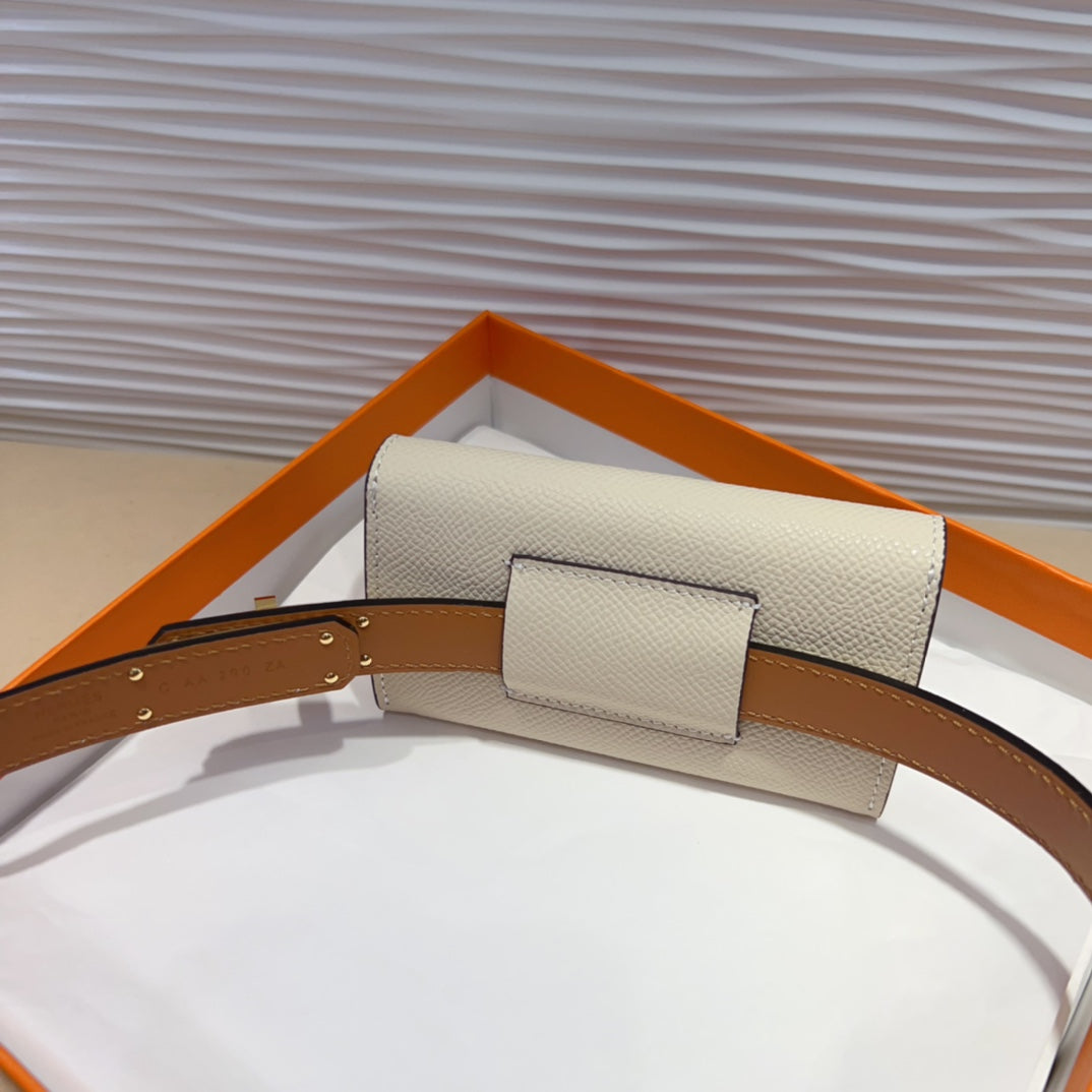 HERMES KELLY POCKET 18MM BELT WHITE LEATHER GOLD HARDWARE