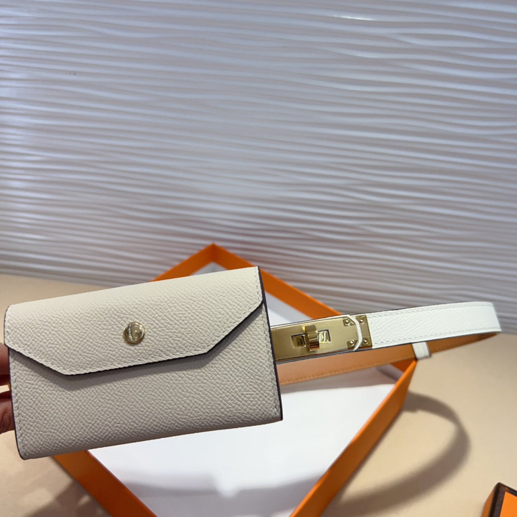 HERMES KELLY POCKET 18MM BELT WHITE LEATHER GOLD HARDWARE