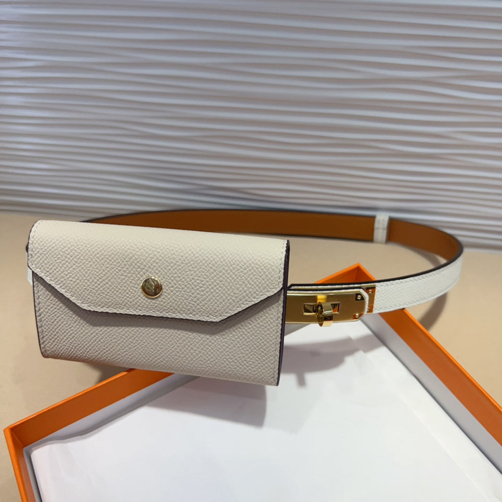 HERMES KELLY POCKET 18MM BELT WHITE LEATHER GOLD HARDWARE