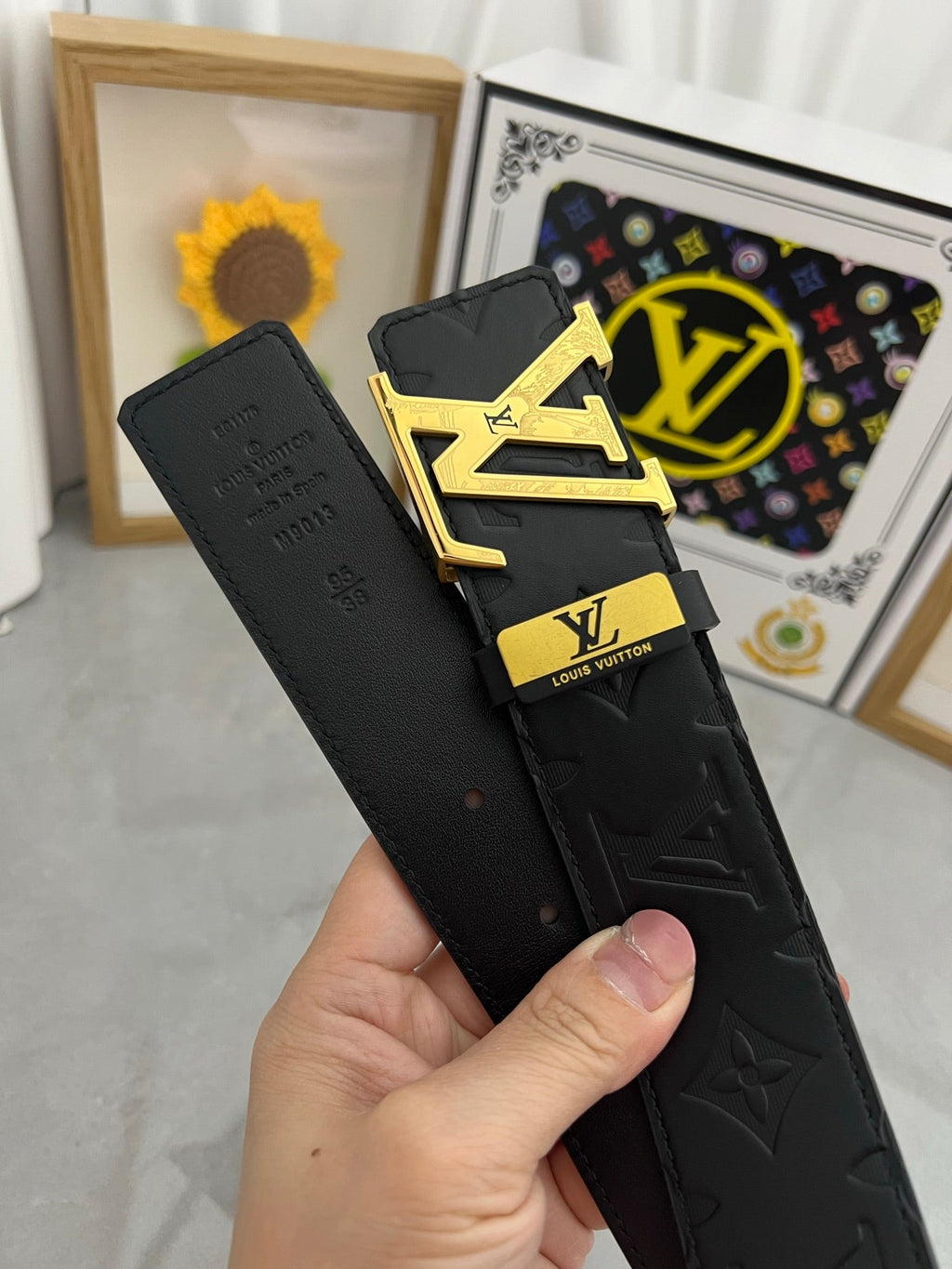 LOUIS VUITTON LV 25S BELT 38 MM IN BLACK CALFSKIN STAMP LOGO 593296