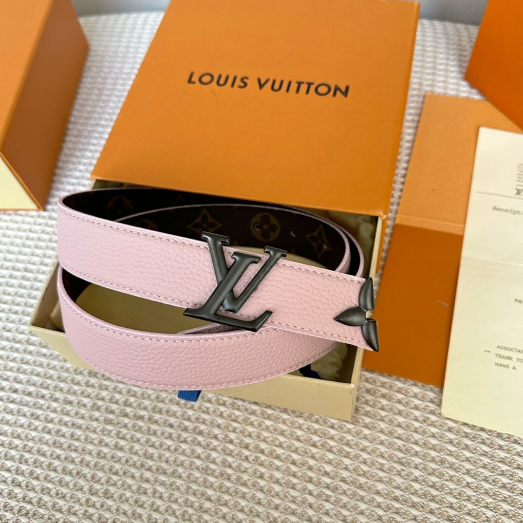 LOUIS VUITTON PRETTY LV 30MM REVERSIBLE BELT IN LIGHT PINK CALFSKIN BLACK HARDWARE