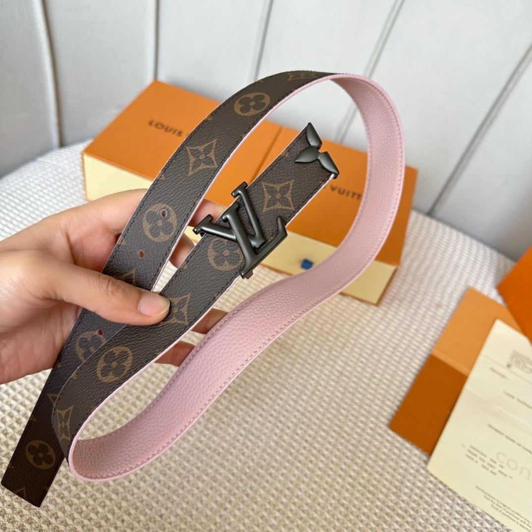 LOUIS VUITTON PRETTY LV 30MM REVERSIBLE BELT IN LIGHT PINK CALFSKIN BLACK HARDWARE