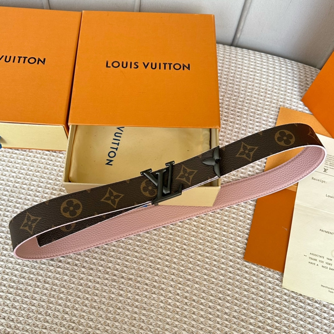 LOUIS VUITTON PRETTY LV 30MM REVERSIBLE BELT IN LIGHT PINK CALFSKIN BLACK HARDWARE