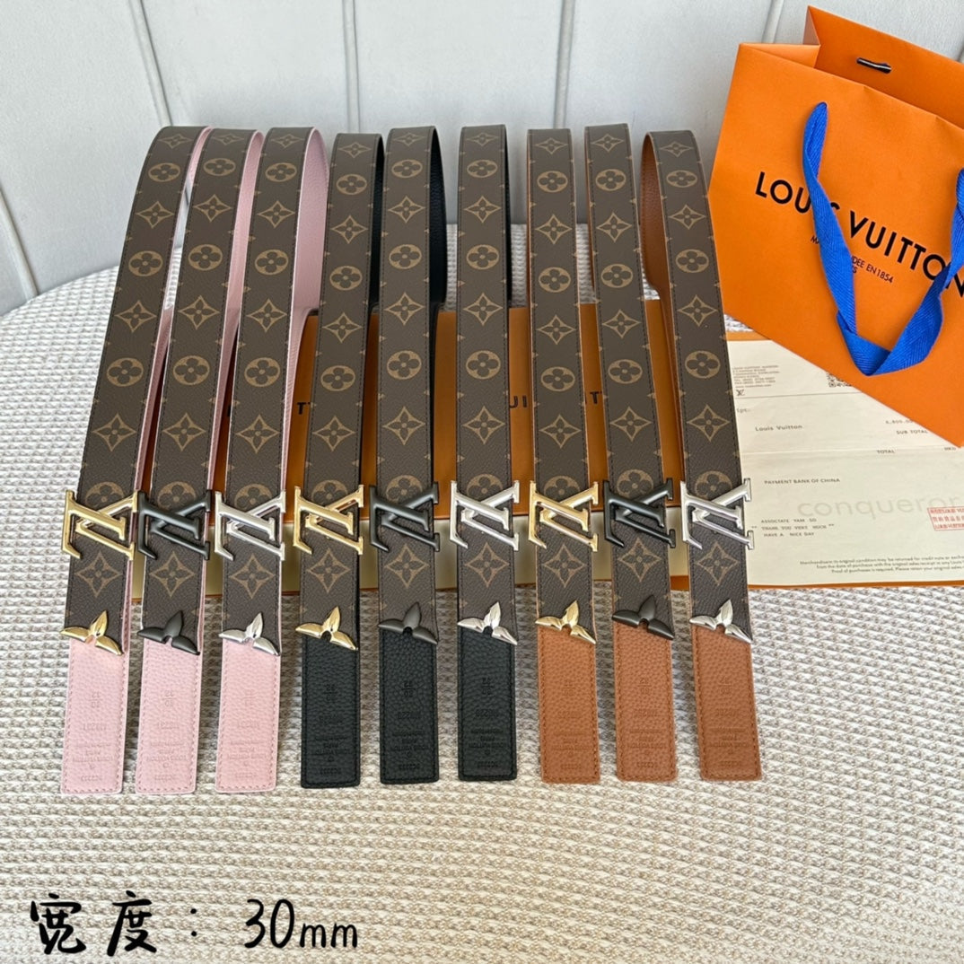LOUIS VUITTON PRETTY LV 30MM REVERSIBLE BELT IN BLACK CALFSKIN BLACK HARDWARE