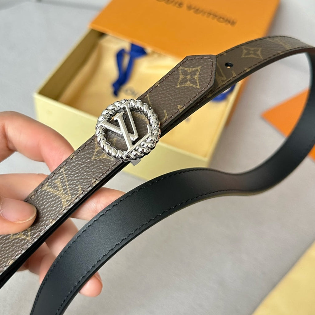 LOUIS VUITTON LV Circle Nautical 20mm Reversible Belt Silver Buckle Black Brown Lambskin