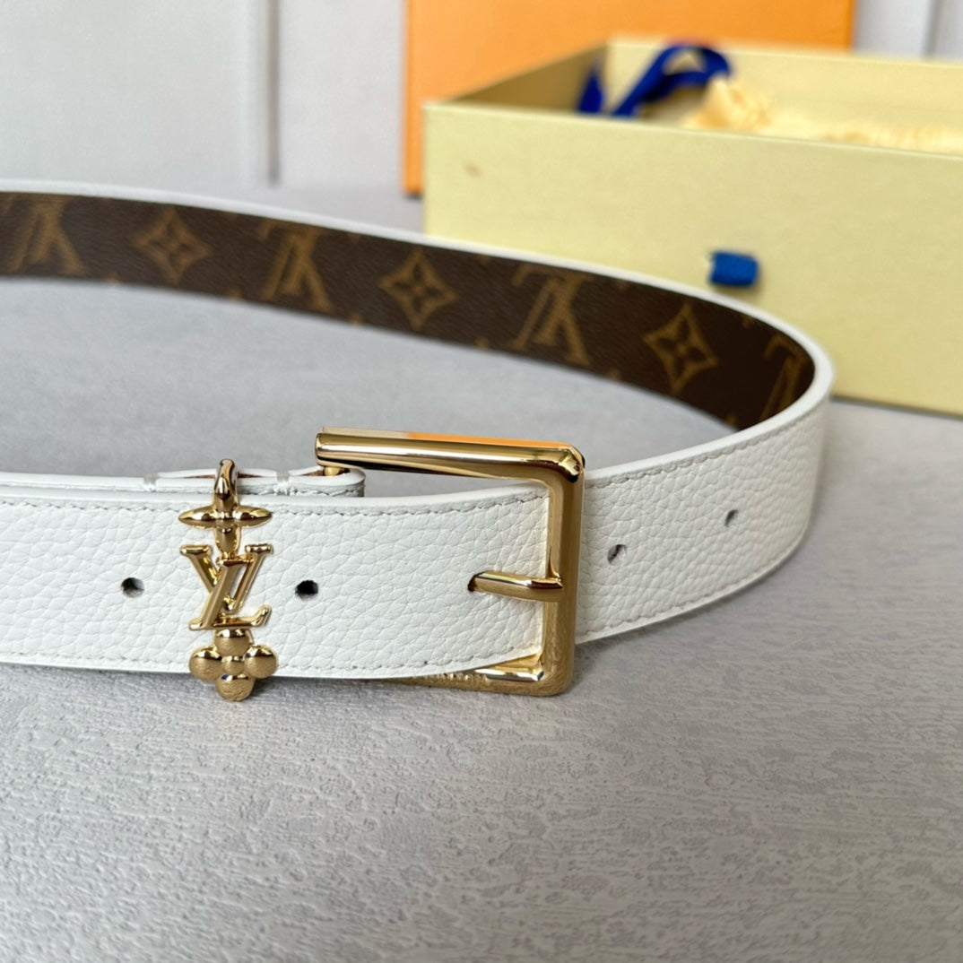 LOUIS VUITTON LV BLOOM 30MM BELT IN WHITE CALFSKIN GOLD HARDWARE