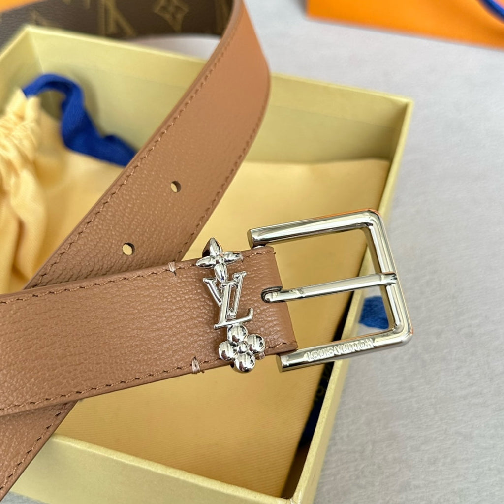 LOUIS VUITTON LV Bloom 30mm Belt Silver Buckle Beige Brown Leather