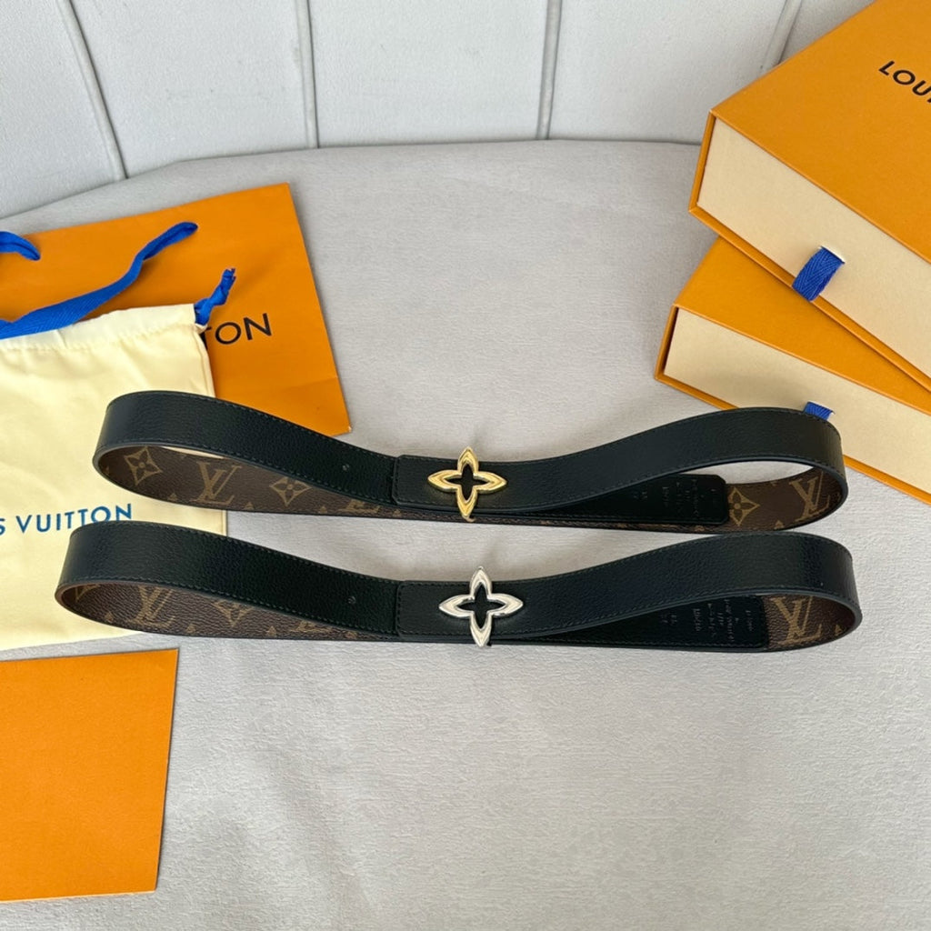 LOUIS VUITTON LV MINI FLOWERGRAM 30MM REVERSIBLE BELT IN BLACK CALFSKIN GOLD HARDWARE