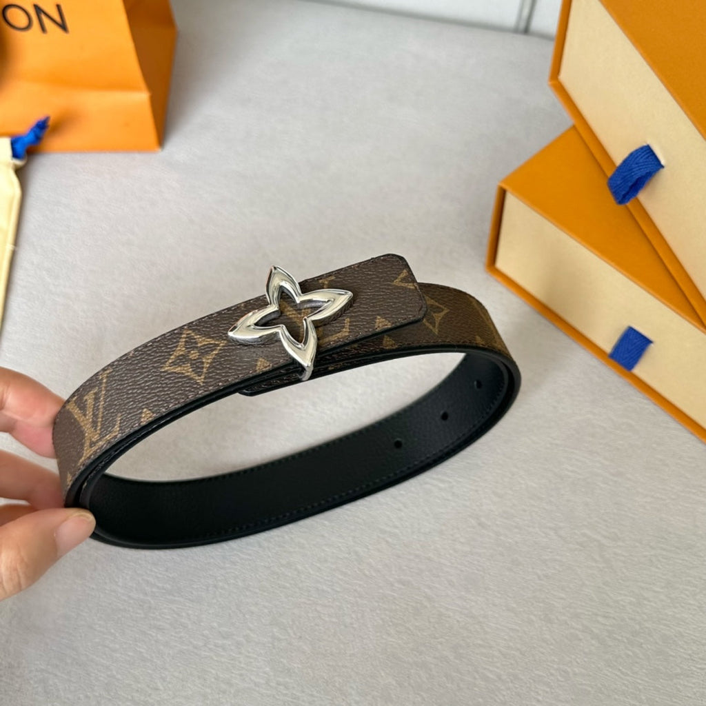 LOUIS VUITTON LV MINI FLOWERGRAM 30MM REVERSIBLE BELT IN BLACK CALFSKIN SILVER HARDWARE