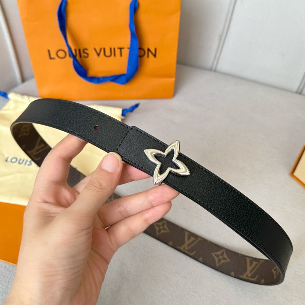 LOUIS VUITTON LV MINI FLOWERGRAM 30MM REVERSIBLE BELT IN BLACK CALFSKIN SILVER HARDWARE