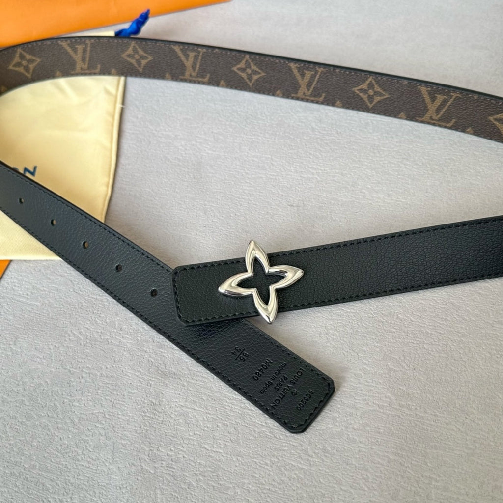 LOUIS VUITTON LV MINI FLOWERGRAM 30MM REVERSIBLE BELT IN BLACK CALFSKIN SILVER HARDWARE