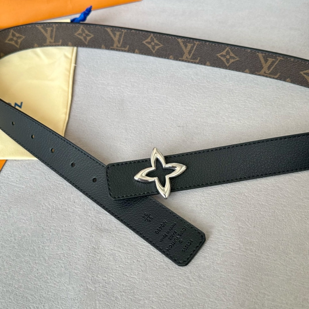 LOUIS VUITTON LV MINI FLOWERGRAM 30MM REVERSIBLE BELT IN BLACK CALFSKIN SILVER HARDWARE