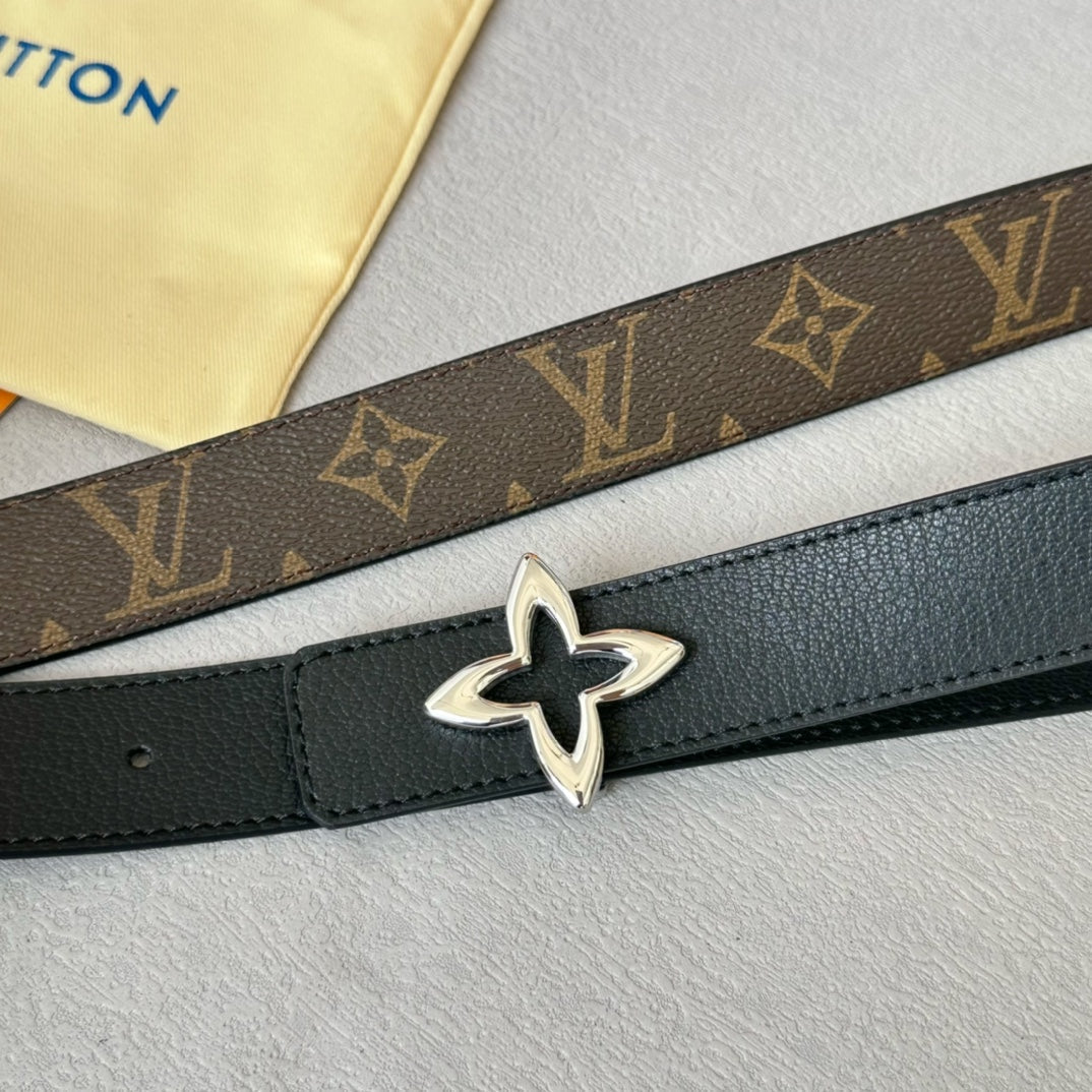 LOUIS VUITTON LV MINI FLOWERGRAM 30MM REVERSIBLE BELT IN BLACK CALFSKIN SILVER HARDWARE