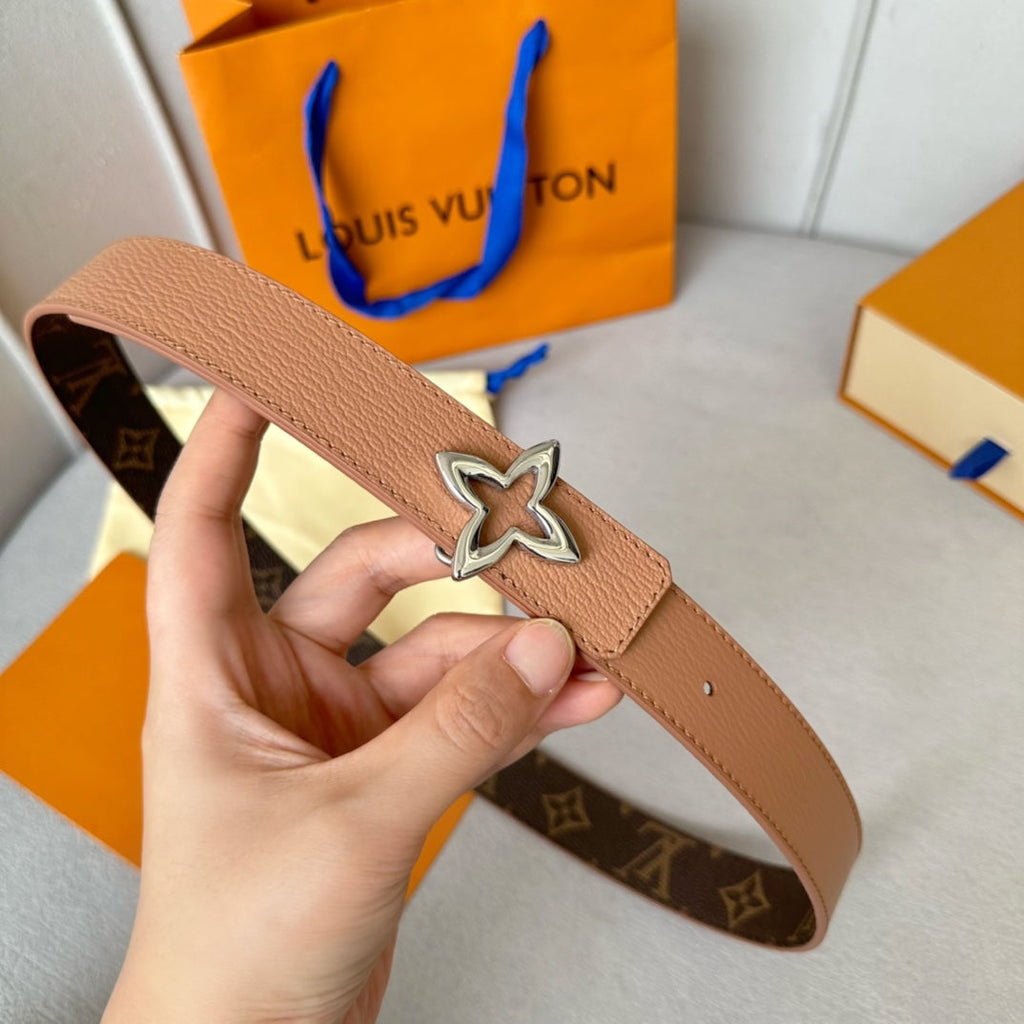 LOUIS VUITTON LV MINI FLOWERGRAM 30MM REVERSIBLE BELT IN BUFF BROWN CALFSKIN SILVER HARDWARE