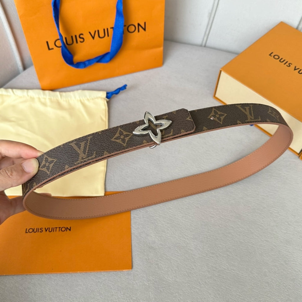 LOUIS VUITTON LV MINI FLOWERGRAM 30MM REVERSIBLE BELT IN BUFF BROWN CALFSKIN SILVER HARDWARE