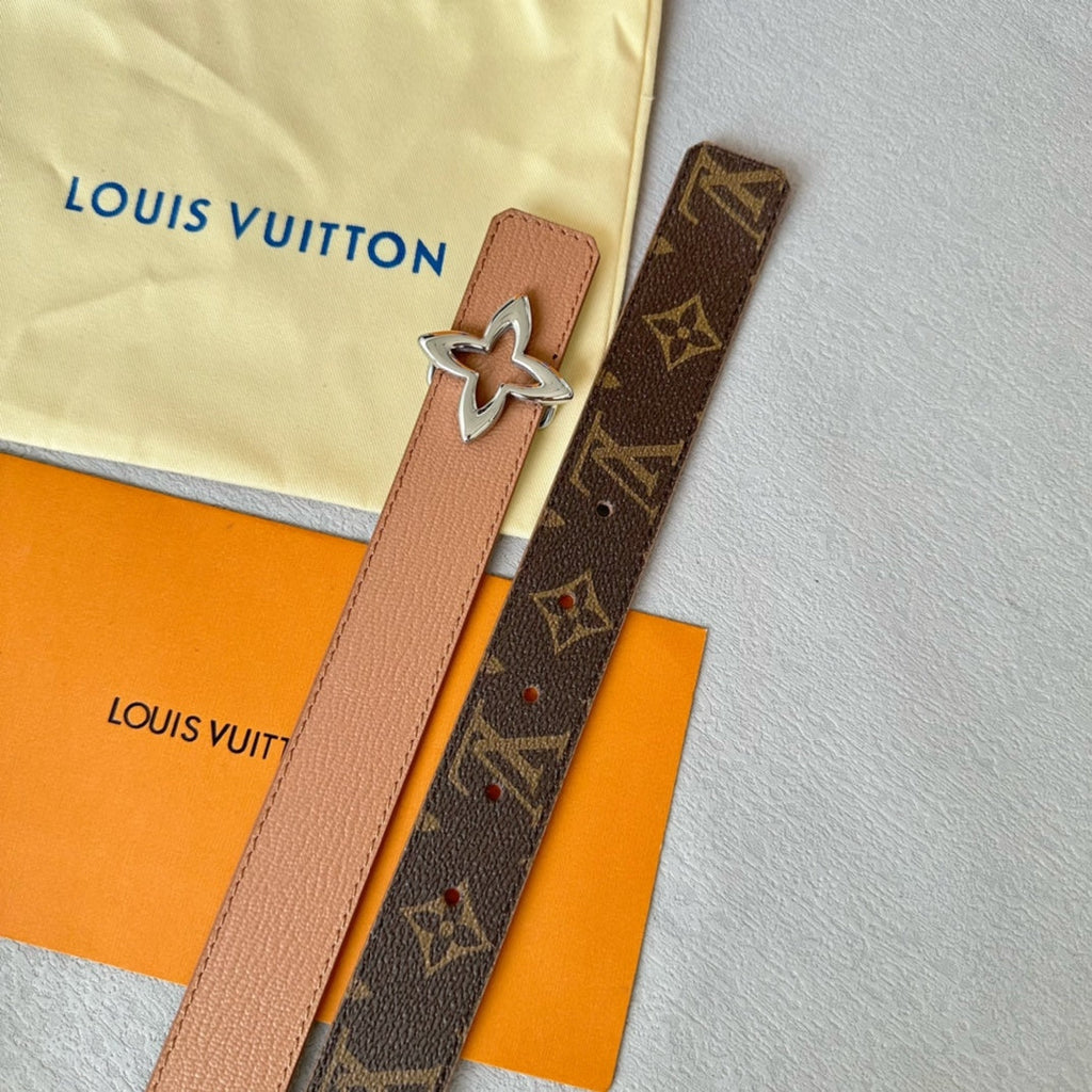 LOUIS VUITTON LV MINI FLOWERGRAM 30MM REVERSIBLE BELT IN BUFF BROWN CALFSKIN SILVER HARDWARE