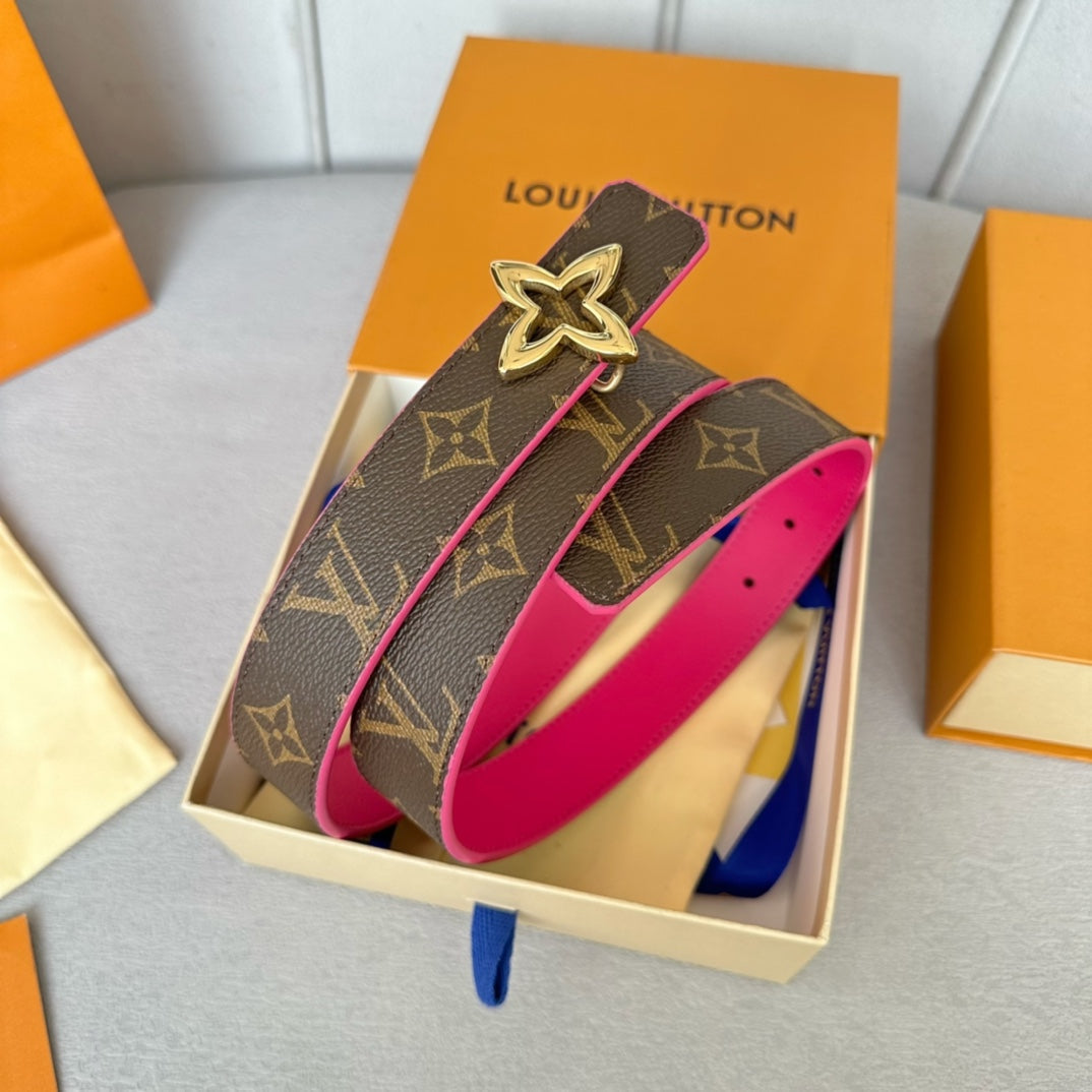 LOUIS VUITTON LV Flowergram 30mm Reversible Belt Gold Buckle Hot Pink Brown Leather