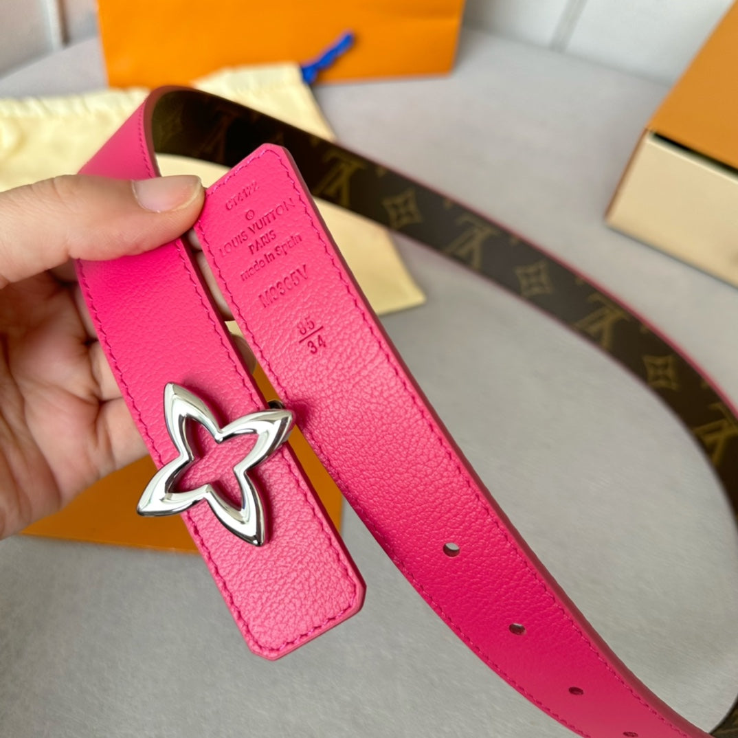 LOUIS VUITTON LV MINI FLOWERGRAM 30MM REVERSIBLE BELT IN BRIGHT PINK CALFSKIN SILVER HARDWARE