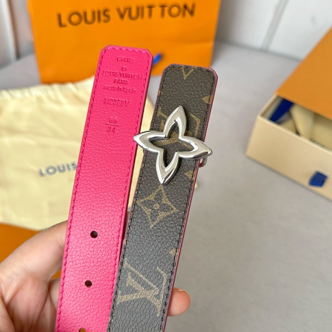 LOUIS VUITTON LV MINI FLOWERGRAM 30MM REVERSIBLE BELT IN BRIGHT PINK CALFSKIN SILVER HARDWARE