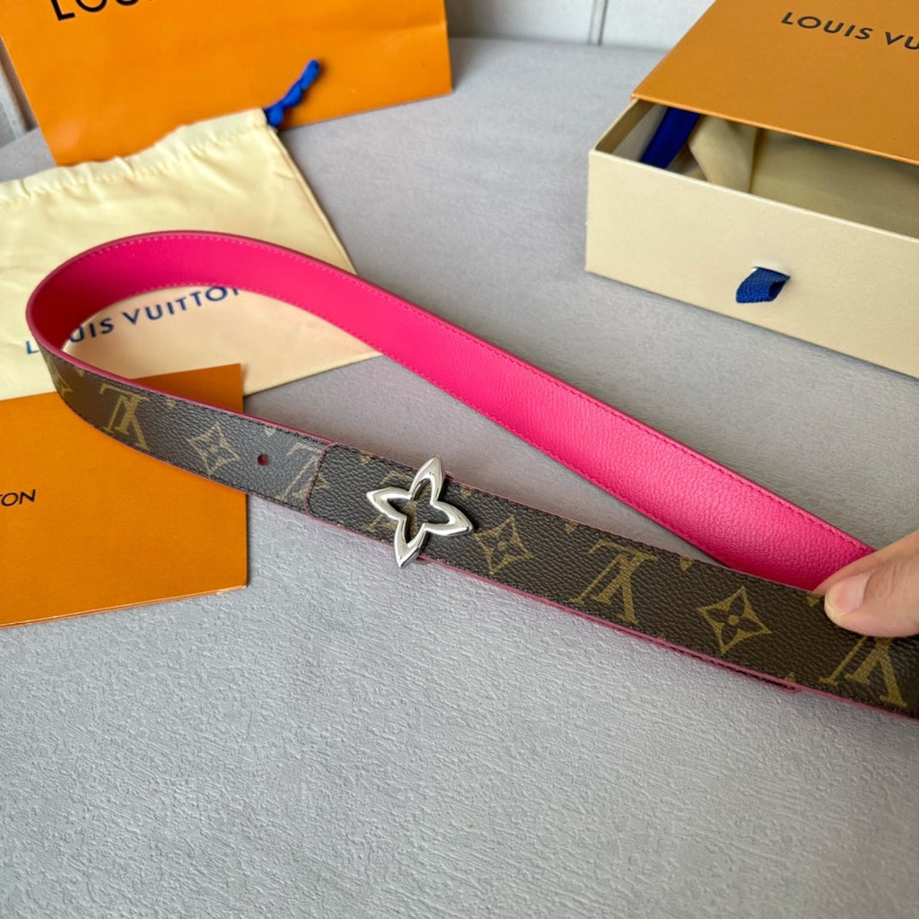 LOUIS VUITTON LV MINI FLOWERGRAM 30MM REVERSIBLE BELT IN BRIGHT PINK CALFSKIN SILVER HARDWARE