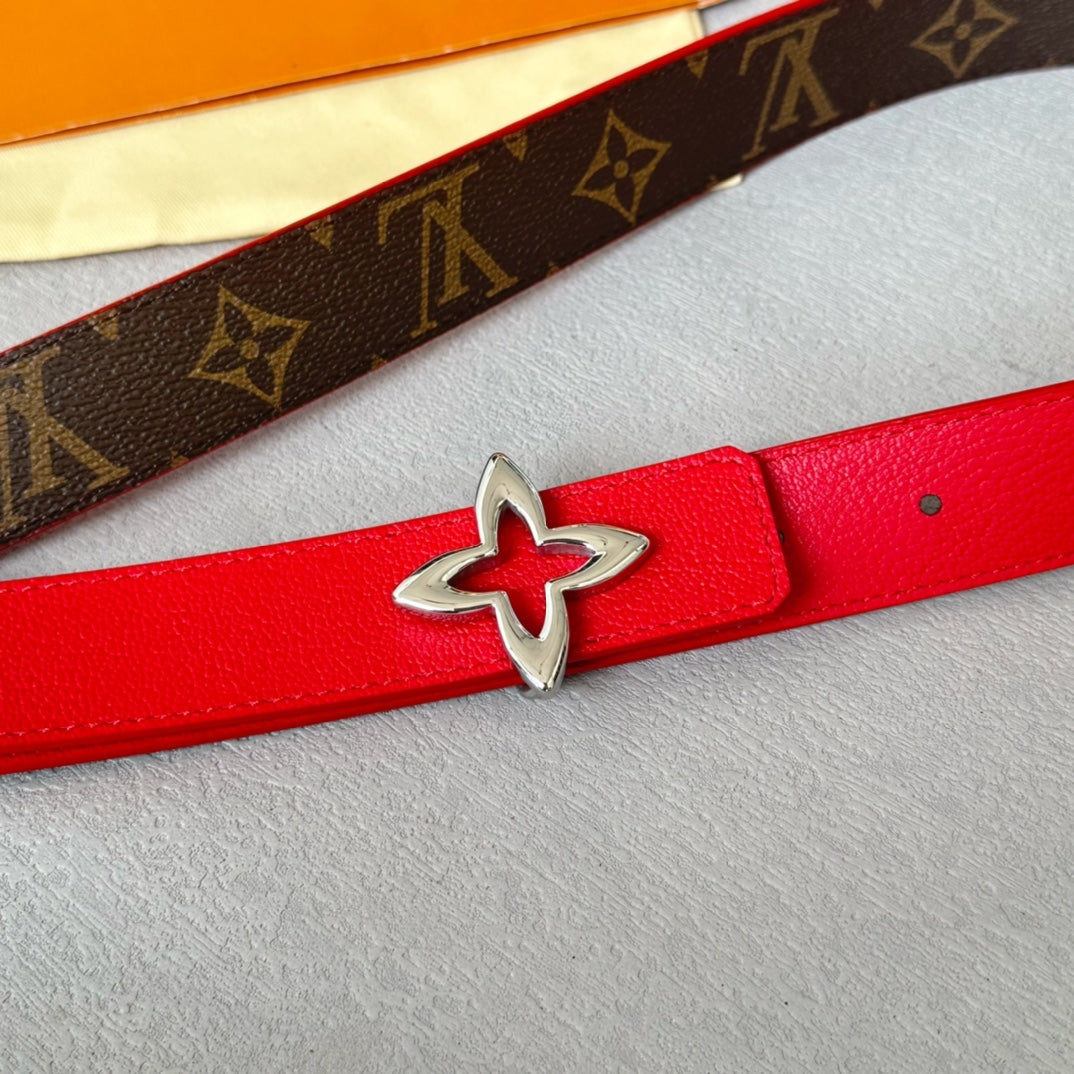 LOUIS VUITTON LV MINI FLOWERGRAM 30MM REVERSIBLE BELT IN CHERRY RED CALFSKIN SILVER HARDWARE