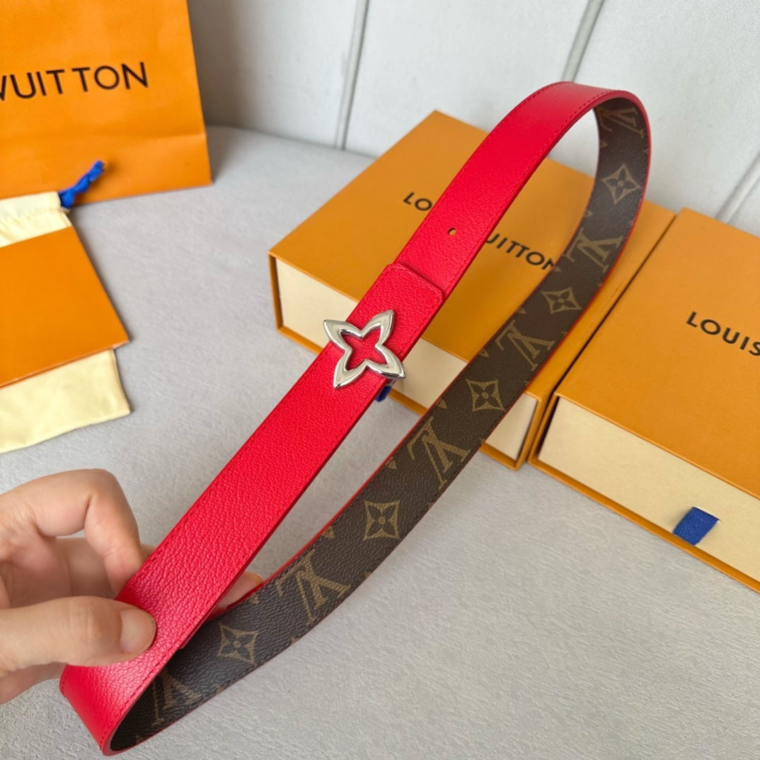 LOUIS VUITTON LV MINI FLOWERGRAM 30MM REVERSIBLE BELT IN CHERRY RED CALFSKIN SILVER HARDWARE