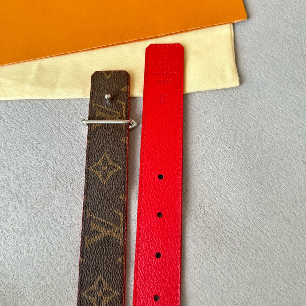 LOUIS VUITTON LV MINI FLOWERGRAM 30MM REVERSIBLE BELT IN CHERRY RED CALFSKIN SILVER HARDWARE