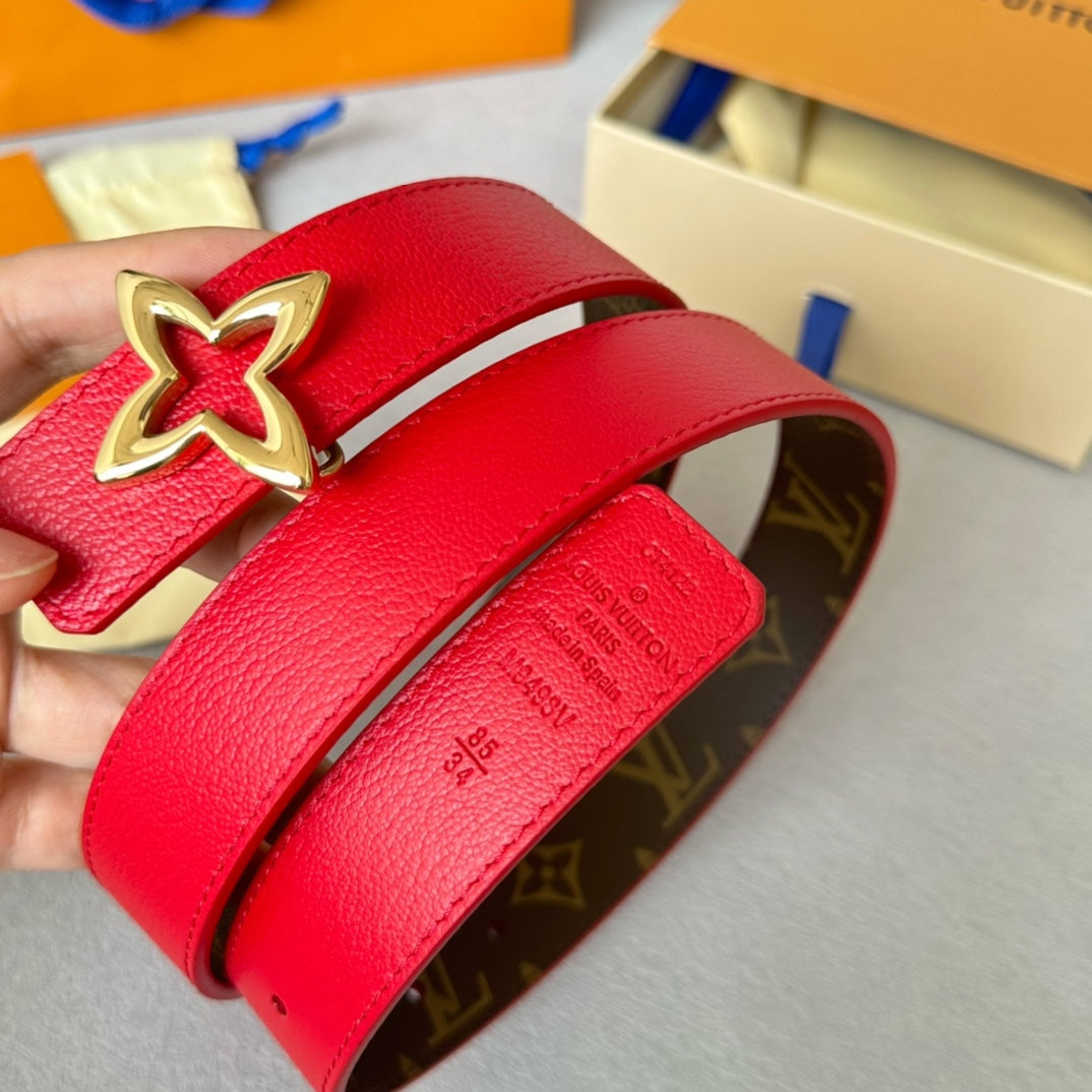 LOUIS VUITTON LV MINI FLOWERGRAM 30MM REVERSIBLE BELT IN CHERRY RED CALFSKIN GOLD HARDWARE