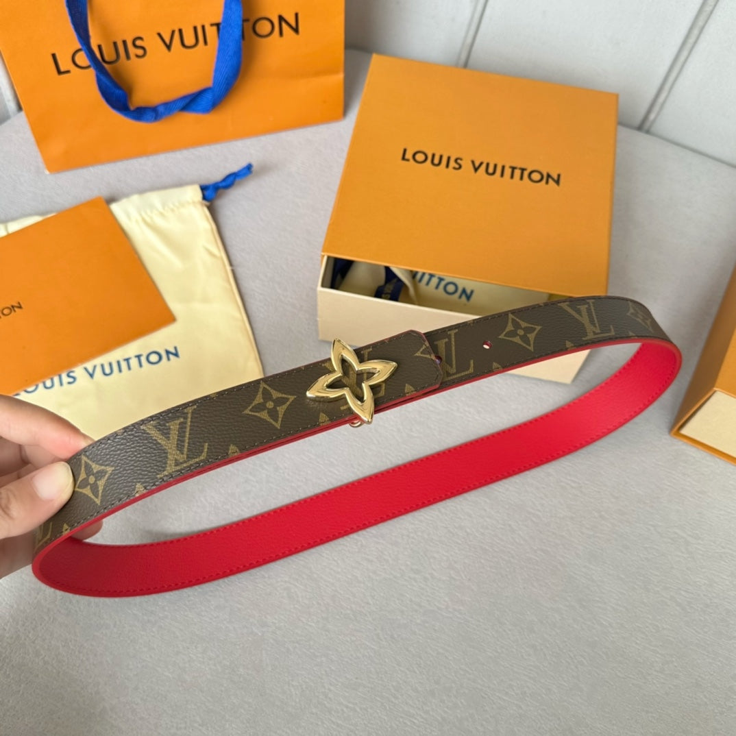LOUIS VUITTON LV Flowergram 30mm Reversible Belt Gold Buckle Red Brown Leather