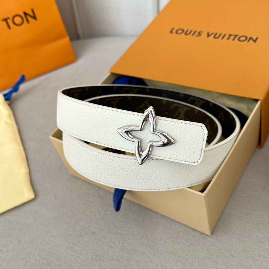 LOUIS VUITTON LV MINI FLOWERGRAM 30MM REVERSIBLE BELT IN WHITE CALFSKIN SILVER HARDWARE