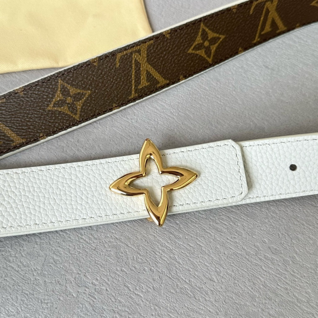 LOUIS VUITTON LV Flowergram 30mm Reversible Belt Gold Buckle White Brown Leather