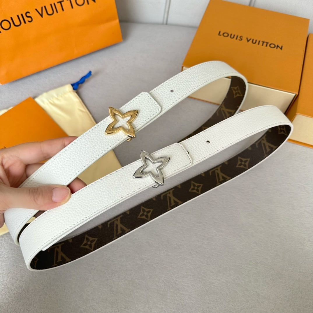 LOUIS VUITTON LV MINI FLOWERGRAM 30MM REVERSIBLE BELT IN WHITE CALFSKIN GOLD HARDWARE