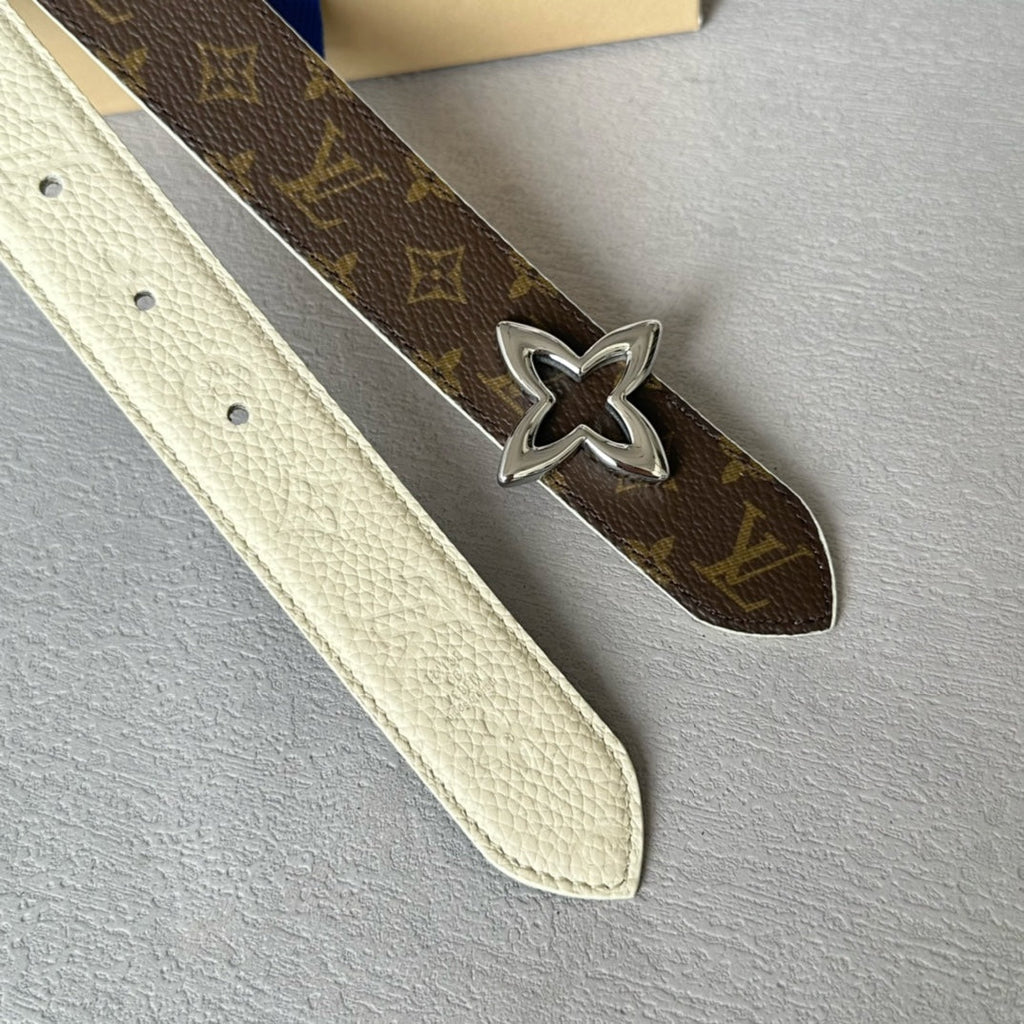 LOUIS VUITTON LV MINI FLOWERGRAM 30MM REVERSIBLE BELT IN WHITE EMBOSSED CALFSKIN SILVER HARDWARE